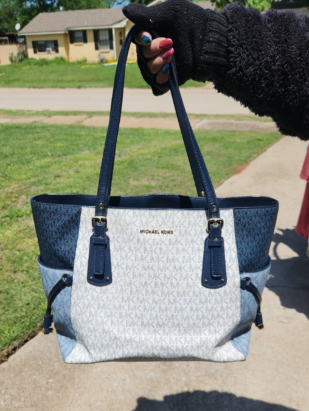 Michael Kors Blue and White MK Signature Tote